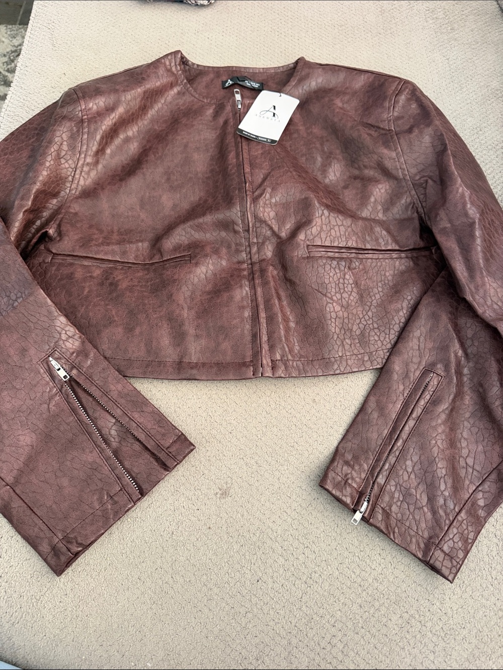 Cropped Faux Leather Jacket in Wine — Womens - Picture 2 of 4